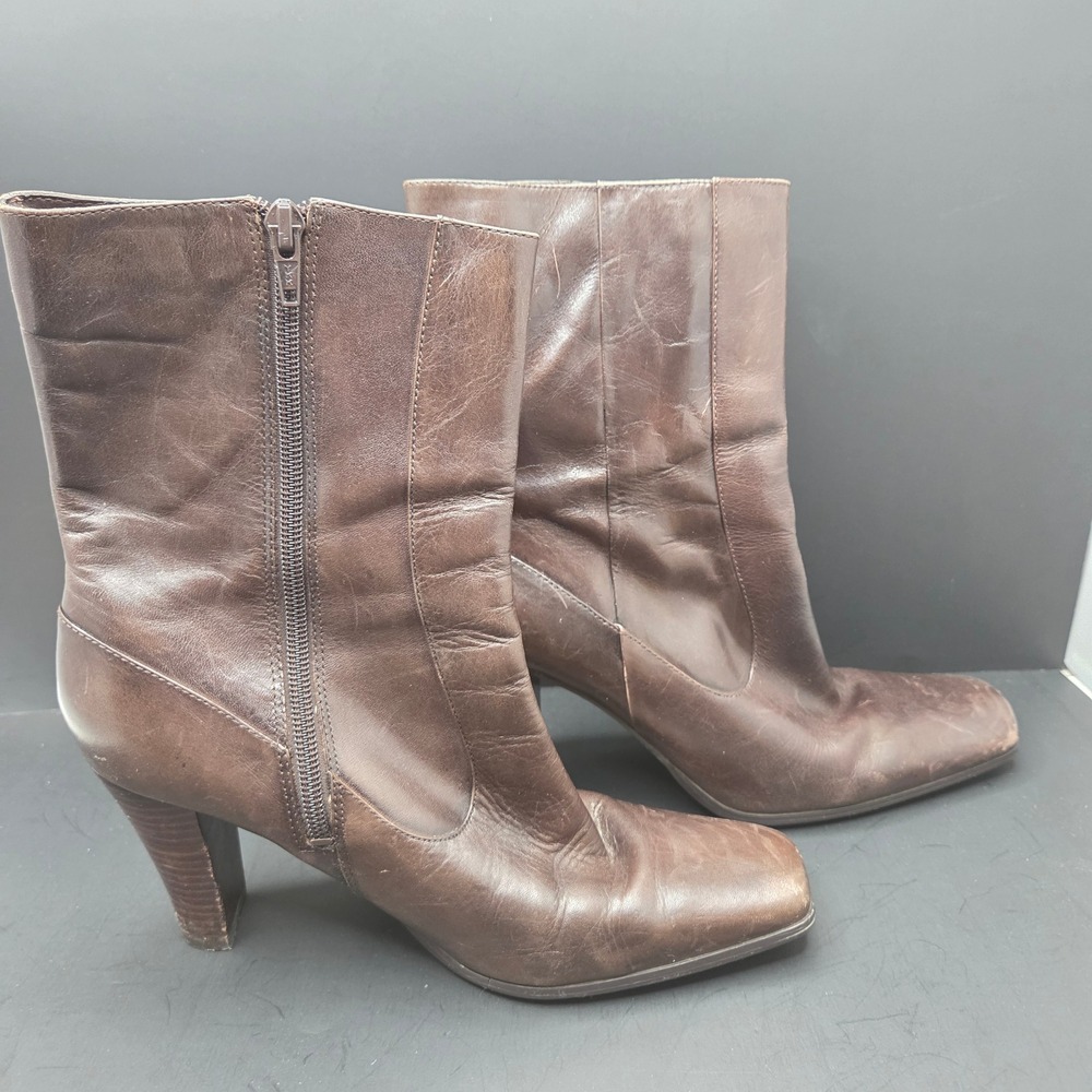 Nine West Boots Leather Square Toe Mid Calf 8M Brown Side Zip High Heel Vintage